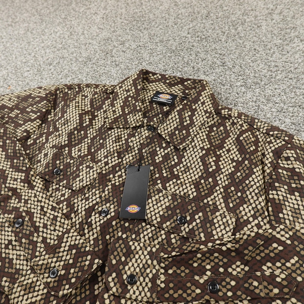 NEW Dickies Shirt Mens XS Brown Snake Print Long Sleeve Button Up Workwear Skate